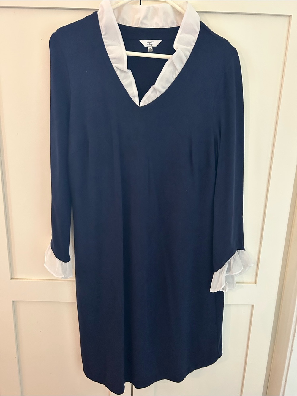 crown & ivy Navy Long-Sleeve Shift Dress with White Collar and Cuff Trim